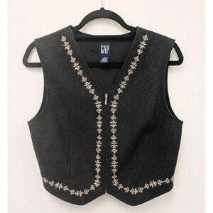 Vintage 90’s Gap Gray Virgin Wool Embroidered Zip Vest sz M Retro Cottagecore